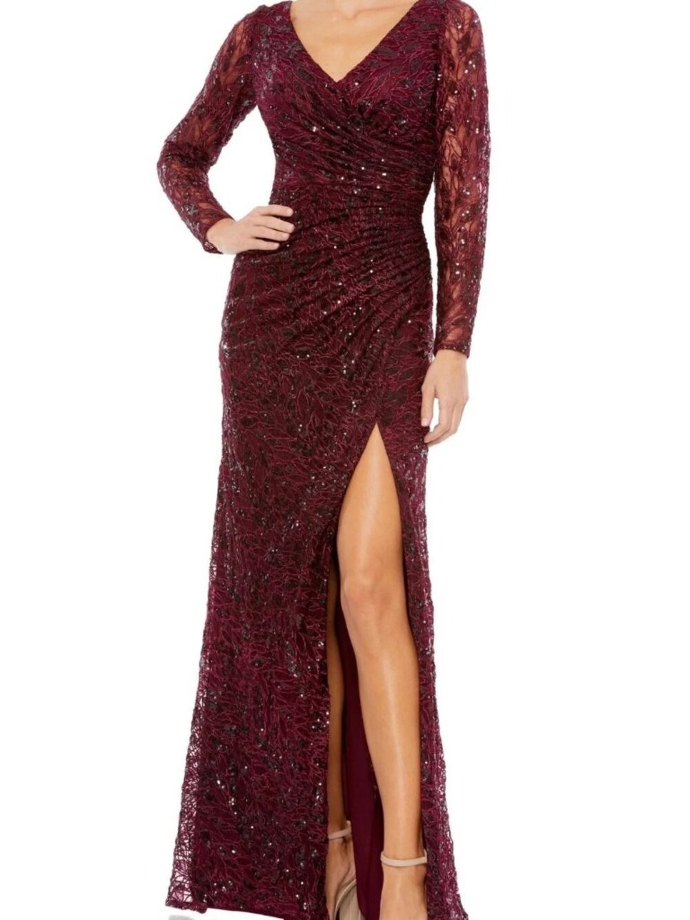 Mac Duggal Garnet Red Wine Long Sleeve Sequin Lace Sheath Gown